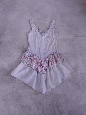 Vintage 80s 90s Acid Wash  Floral Ruffle Mini Short Dress